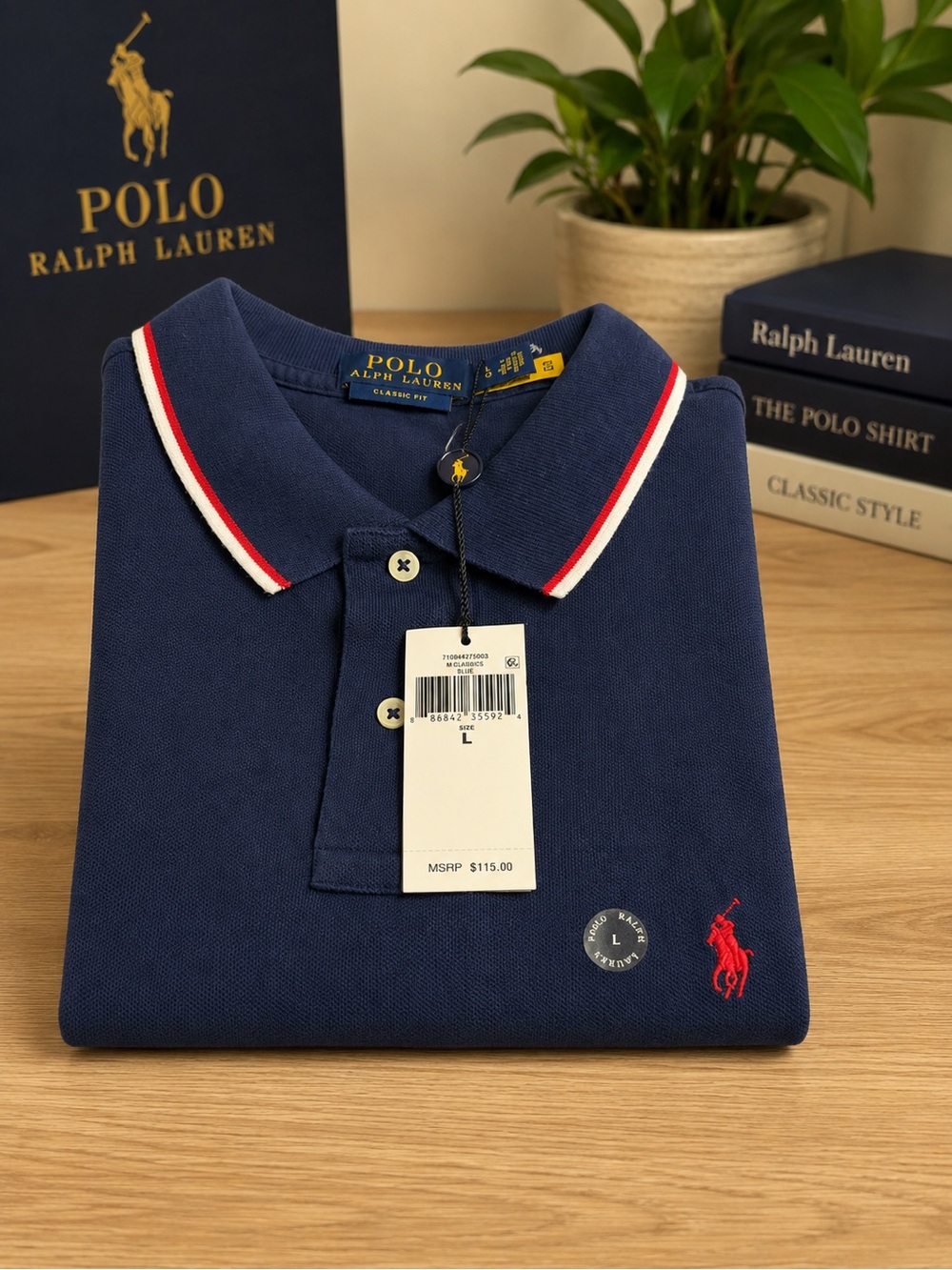 Polo by Ralph Lauren Navy Mesh Polo with Red Pony and White-Red Collar Tipping